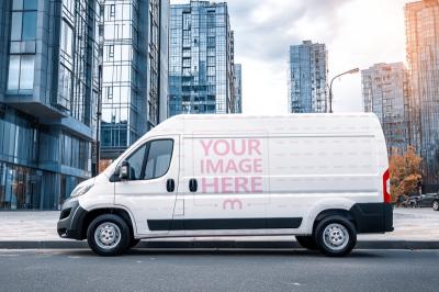 Cargo Van Mockup in City Environment for Logistics Branding