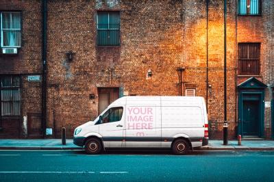Delivery Van Mockup on Brick Wall Street for Business Marketing