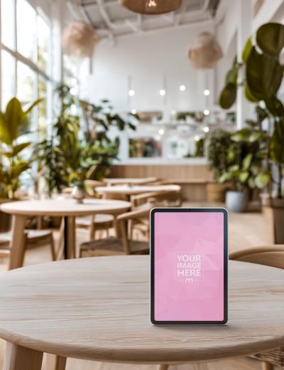 Tablet Mockup on Wooden Table for Cozy Café Branding
