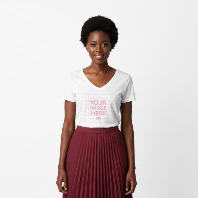 V-Neck T-Shirt Mockup on Female Model Isolated Background