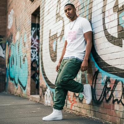 T-Shirt Mockup on Male Model Standing on Graffiti Wall