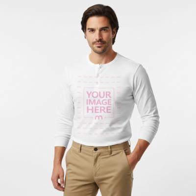 Long Sleeve Henley Mockup on Male Model Neutral Background