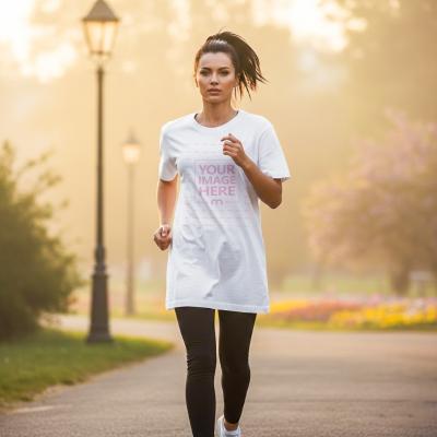 Oversized T-Shirt Mockup on Female Model Running Outdoor