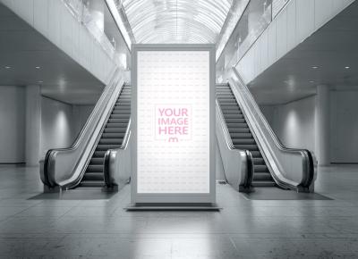 Vertical Sign box Mockup between Escalators for High Visibility Ads