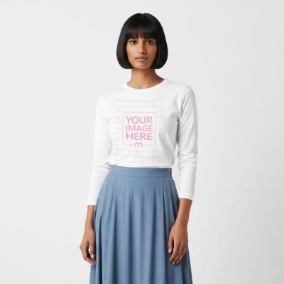 Long Sleeve T-Shirt Mockup on Female Model