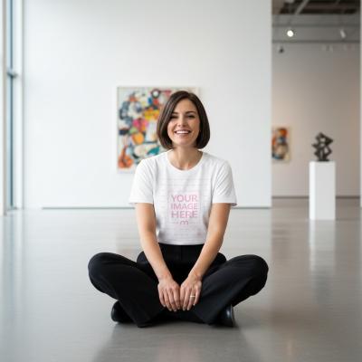 T-Shirt Mockup on Sitting Female Model in Art Gallery