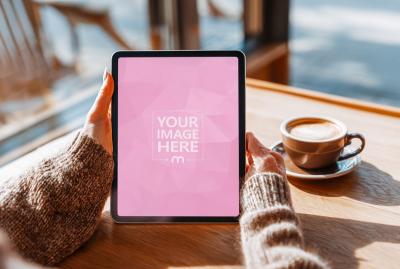 Tablet Mockup Held in Hands Morning Coffee Scene