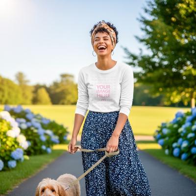 Long Sleeve T-Shirt Mockup on Model Walking Dog