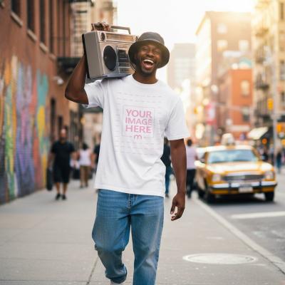 T-Shirt Mockup on Smiling Male Model Walking Outdoor