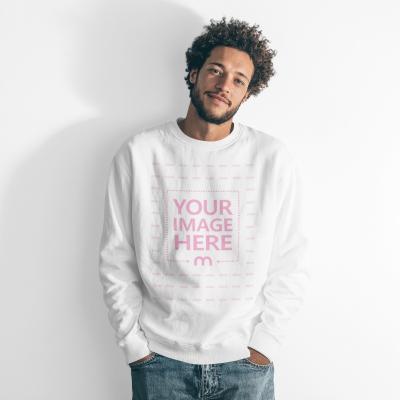 Crewneck Sweatshirt Mockup On Model Leaning on Wall