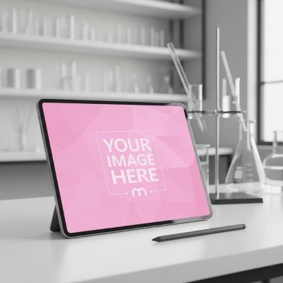 Tablet Mockup on Laboratory Desk for Science Apps UI