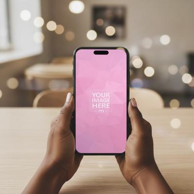 iPhone Mockup Held in Hands at Wooden Table