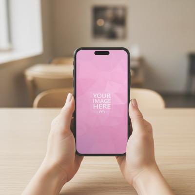 Smartphone Mockup Held at Wooden Table