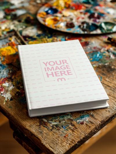 Hardcover Book Mockup on Paint Splattered Table