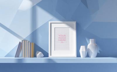 Frame Mockup on Blue Shelf with Books for Modern Interior