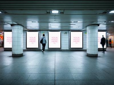 Subway Station Billboard Mockup with Commuters