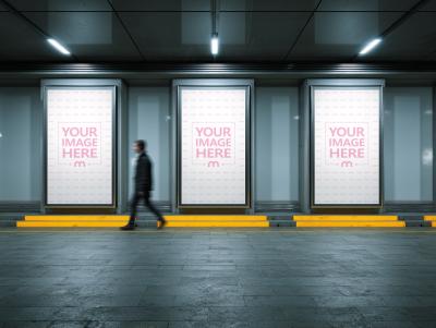 Three Panel Subway Lightbox Mockup for Public Advertising