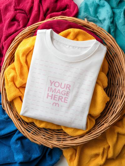 Folded T-Shirt Mockup in Wicker Basket for Apparel Branding