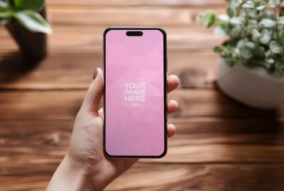 Smartphone Mockup Held over Wooden Table