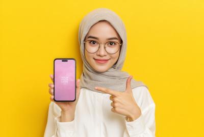 Smartphone Mockup Held by Smiling Woman in Hijab