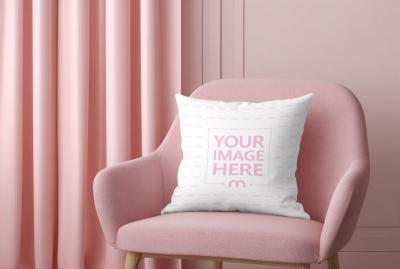 Square Pillow Mockup on Blush Pink Armchair