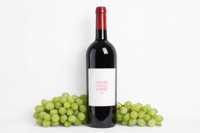 Wine Bottle Mockup with Grapes on White Background