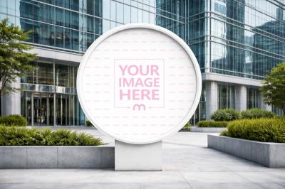 Round Sign Mockup Generator in Modern Office Courtyard