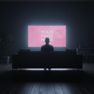 Large Blank Screen Mockup in Living Room with Person Watching