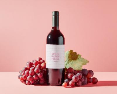 Red Wine Bottle Mockup with Grapes for Vineyard Branding