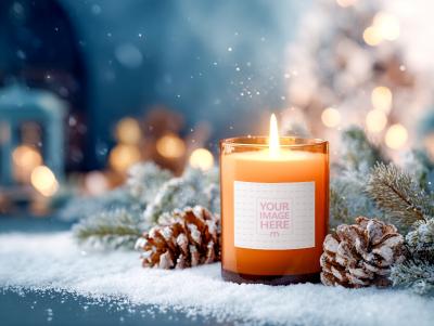 Amber Glass Candle Mockup with Pine Cones