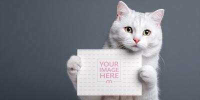 White Cat Holding Blank Card Close Up Mockup