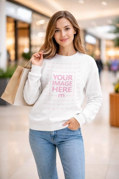 White Crewneck Sweatshirt Mockup on Female Model