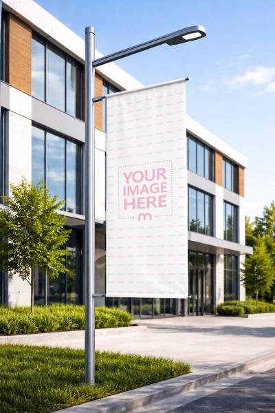 Vertical Outdoor Banner Mockup on Pole for Corporate Signage