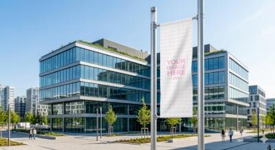 Vertical Outdoor Banner Mockup in Office Plaza