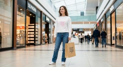 Woman in Sweatshirt with Shopping Bag for Retail Apparels