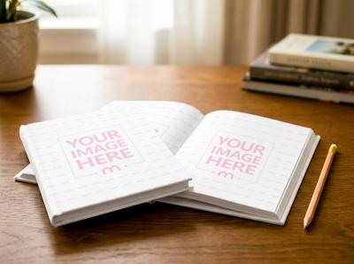 Open Notebook Mockup with Pencil on Wooden Desk