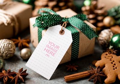 Paper Gift Tag Mockup on Wrapped Package for Holidays