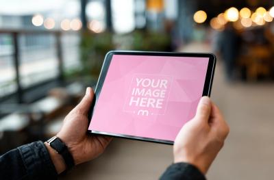 Tablet Device Mockup Held with Both Hands in Cafe Setting