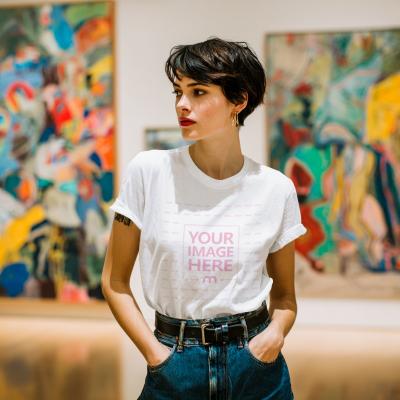 T-Shirt Mockup on Woman in Art Gallery