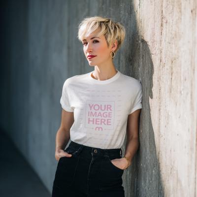 T-Shirt Mockup on Woman Leaning on Wall