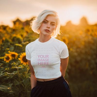 T-Shirt Mockup on Woman in Sunflower Field