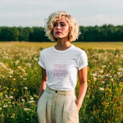 T-Shirt Mockup on Woman in Meadow Standing