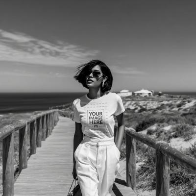 T-Shirt Mockup on Woman in Sunglasses Walking