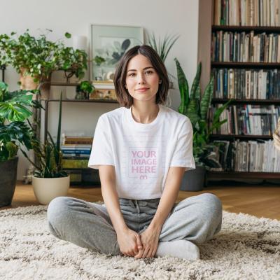 T-Shirt Mockup on Woman Sitting on Rug