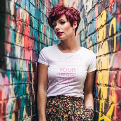 T-Shirt Mockup on Woman with Graffiti Background