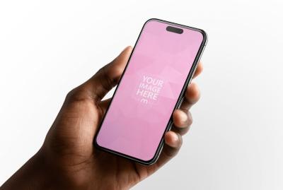 Black Hand Holding iPhone Mockup Isolated Background