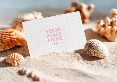 Horizontal Business Card Mockup with Seashells in Beach