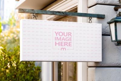 Rectangular Hanging Store Sign Mockup on Classic Building