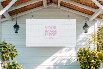 Large Horizontal Hanging Poster Mockup in Outdoor Patio