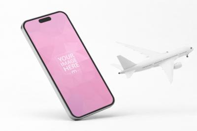 Floating iPhone and Airplane Mockup on Isolated Background